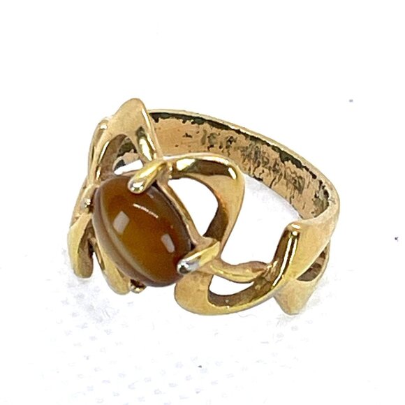 Tiger Eye VTG Art Nouveau 18KT HGE Gold Plate Ring Abstract MCM Retro Size 6.25 - Picture 10 of 11